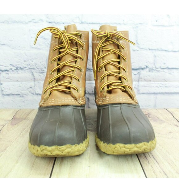 LL Bean Brown Leather 8" Lace Up Round Toe Unlined Ankle Duck Boots Size 7 Wide - Picture 4 of 10